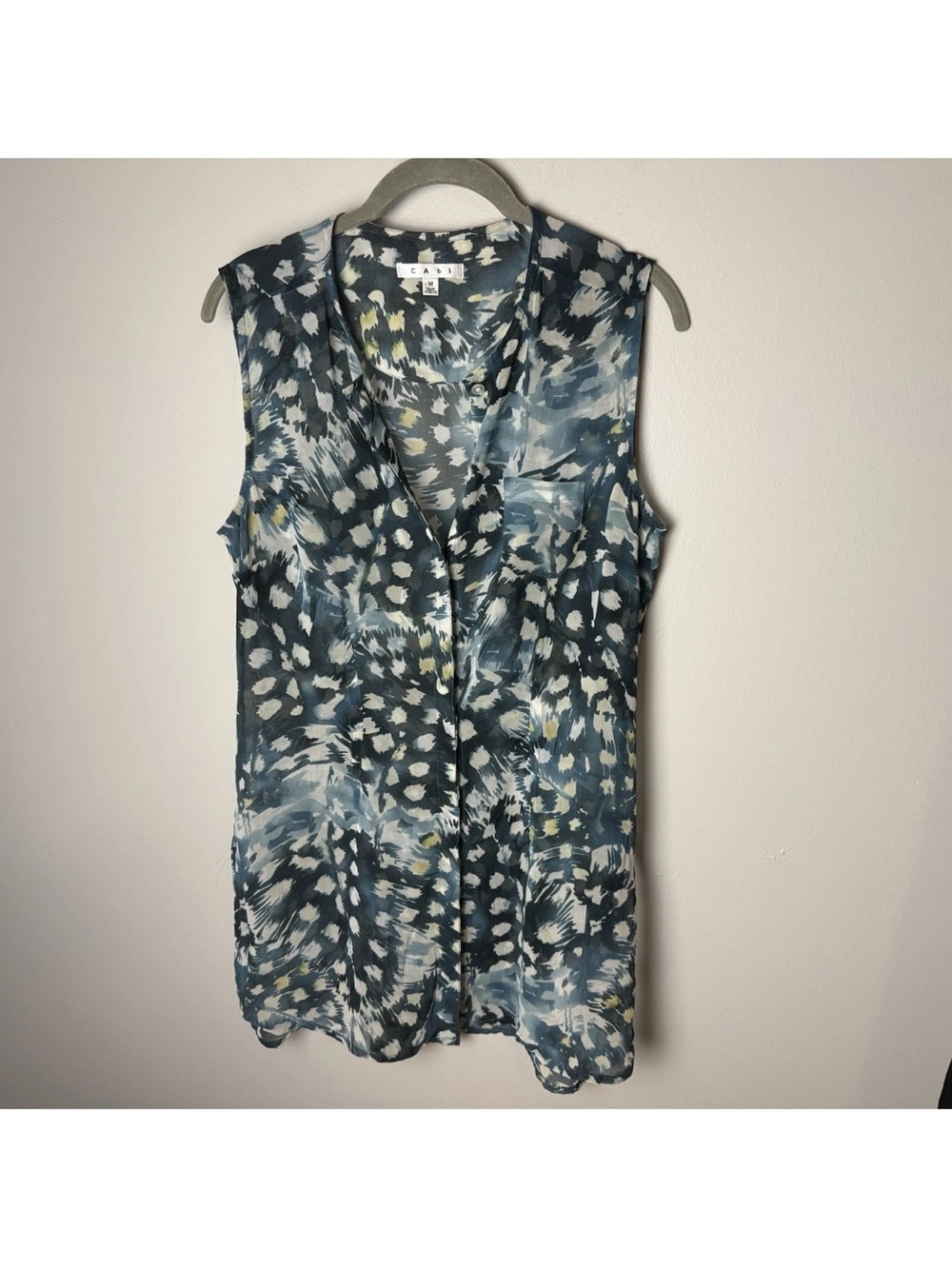 CABI Tunic Blouse Size M Blue Gray Abstract Print Sleeveless Sheer Button Front - Picture 2 of 6
